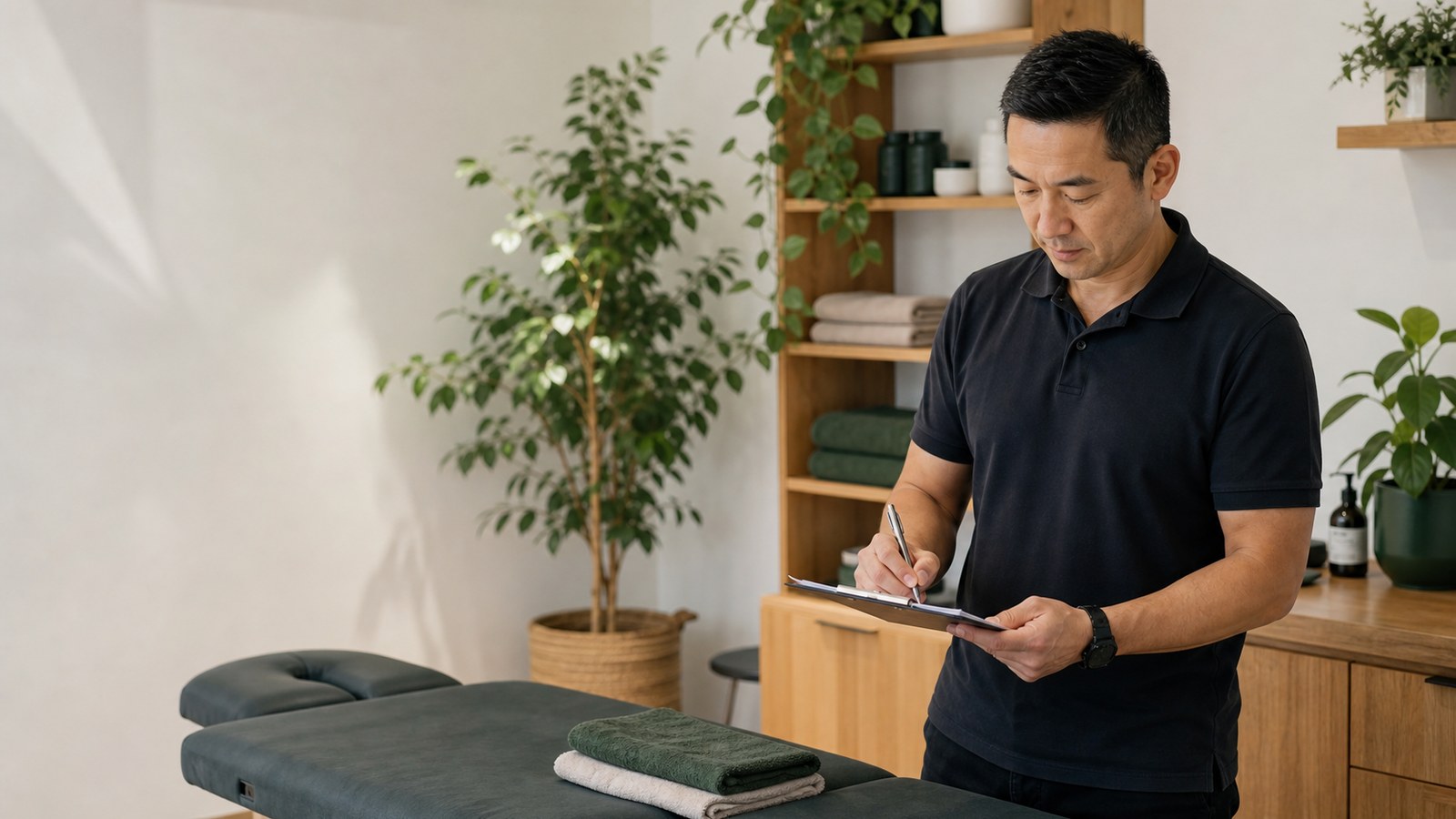 A New Zealand small business owner checking their Google Business Profile on a phone in their shop
