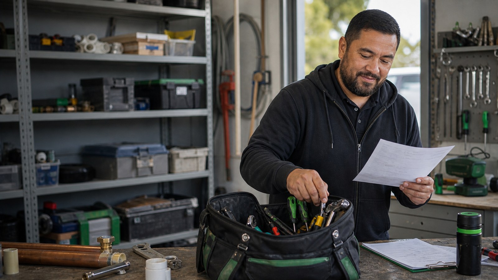 New Zealand plumber checking a job sheet beside his tool bag