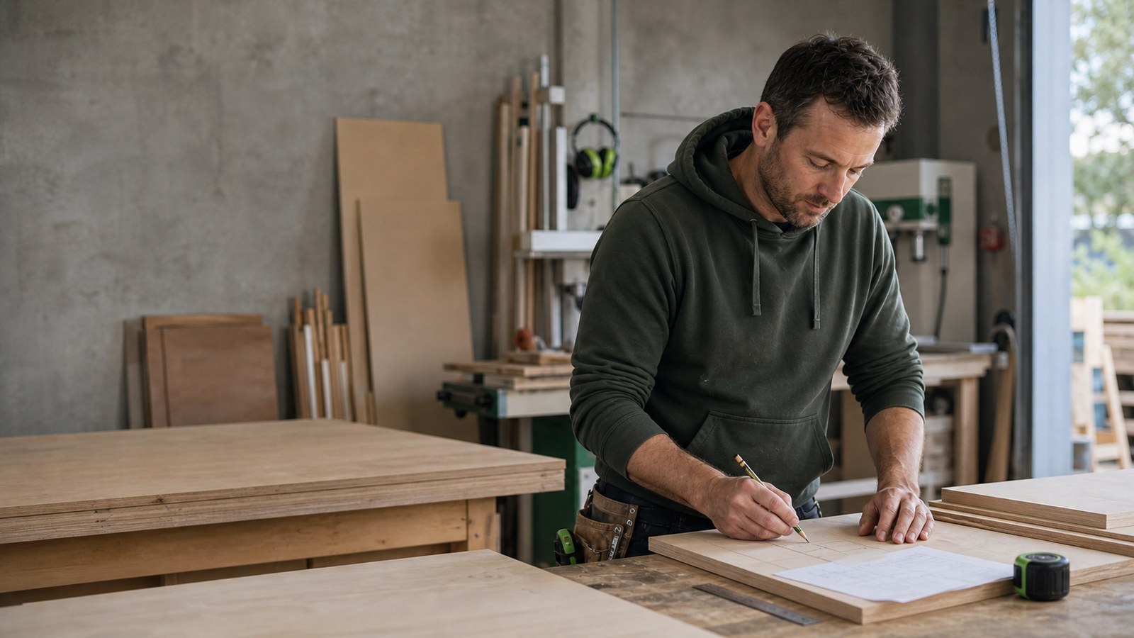 New Zealand joiner marking up a panel at the bench