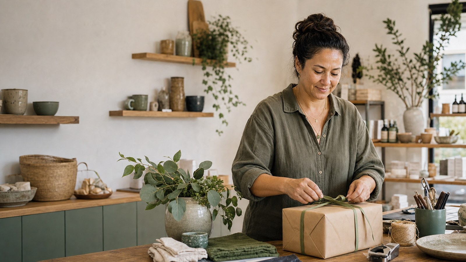 New Zealand shop owner wrapping an order at the counter